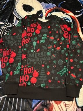 Fabletics Black Sweatshirt with Red and Teal Holiday Motifs